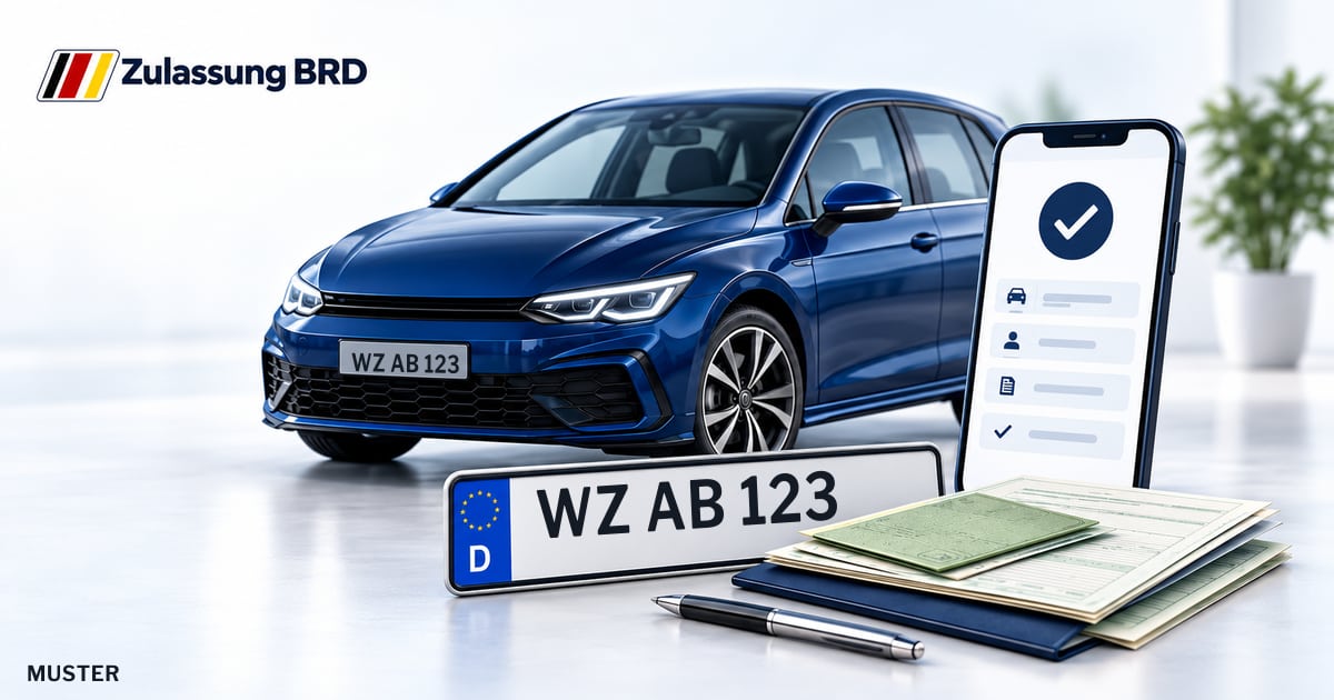 Online Fahrzeugzulassung in Hüttenberg: Musterkennzeichen WZ AB 123, Auto und Fahrzeugpapiere und Smartphone. Illustration mit Logo von Zulassung BRD.